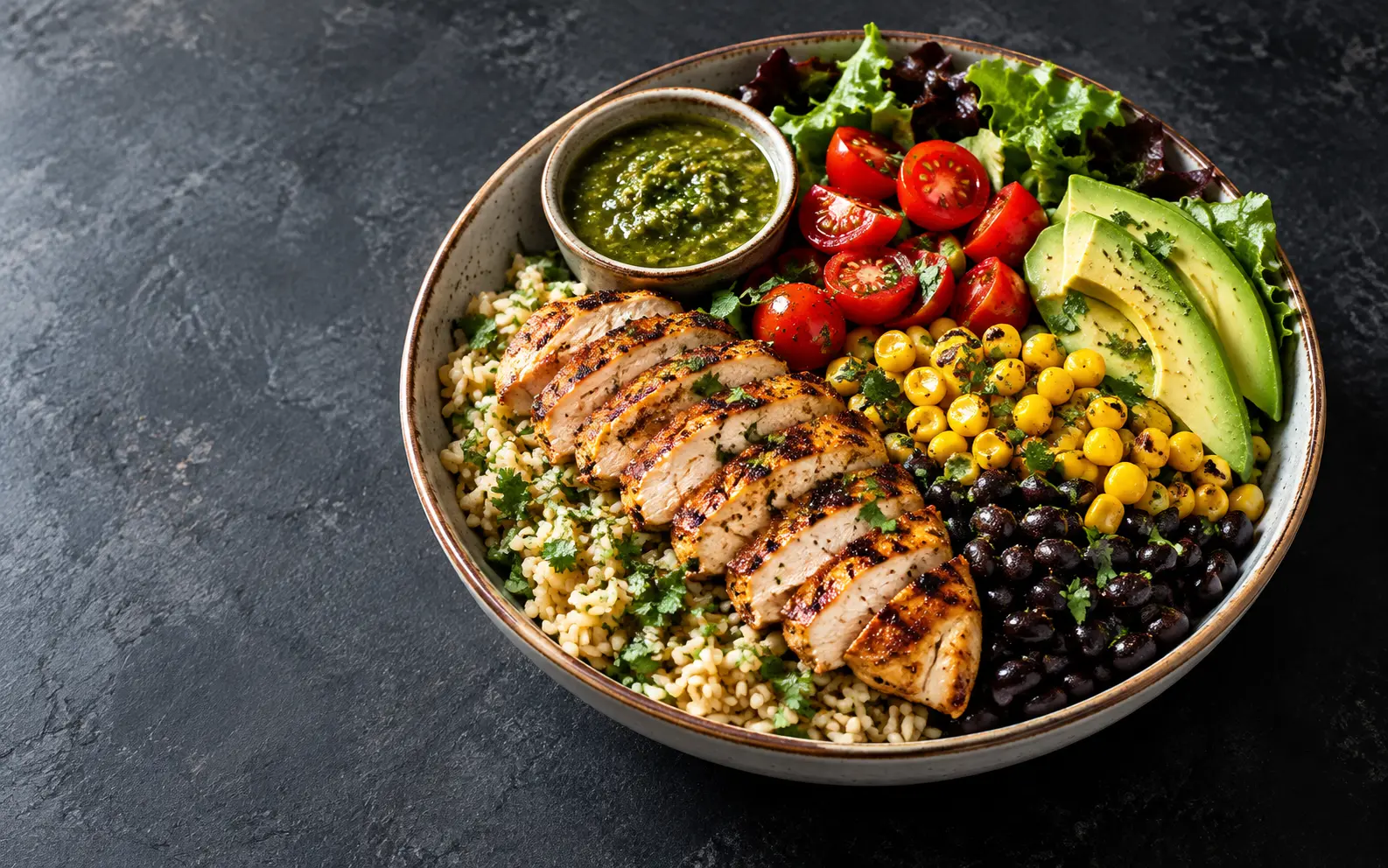 Bowl completo con pollo a la plancha, arroz integral, frijoles, elote, aguacate, jitomate y hojas verdes