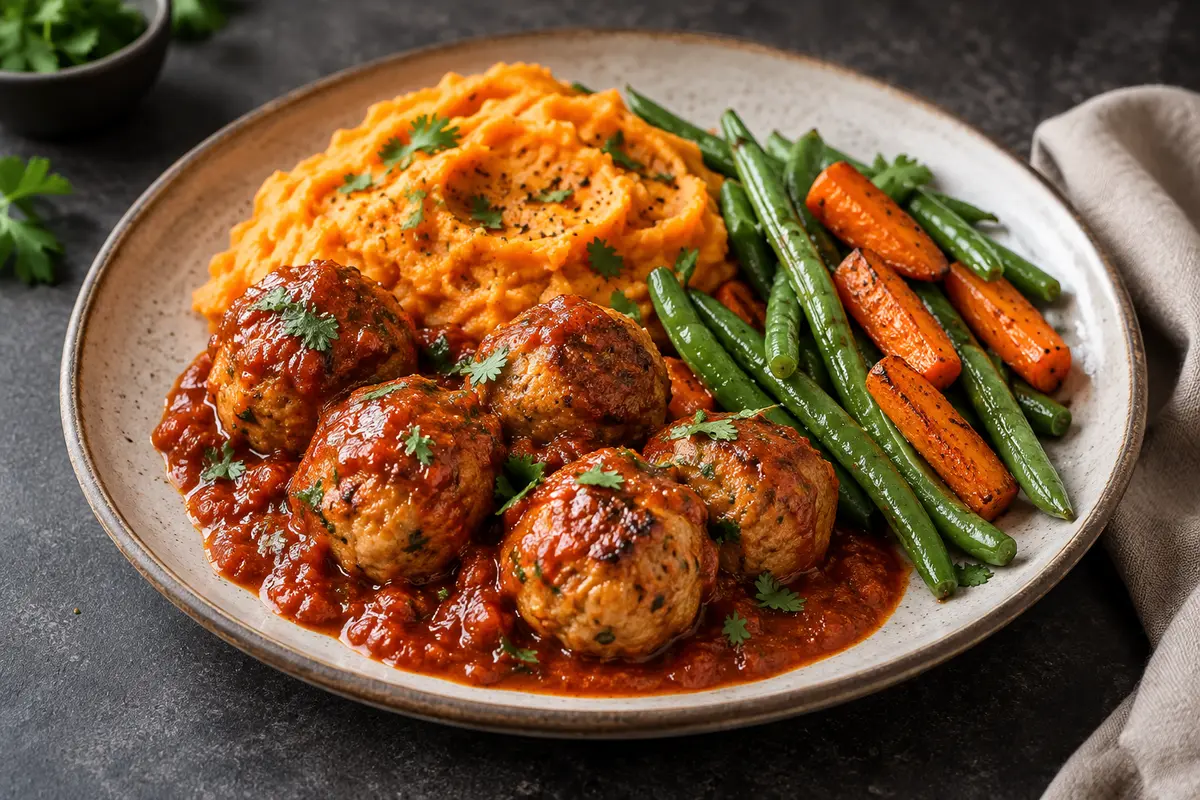 Albóndigas de pavo al chipotle con puré de camote, ejotes y zanahorias rostizadas