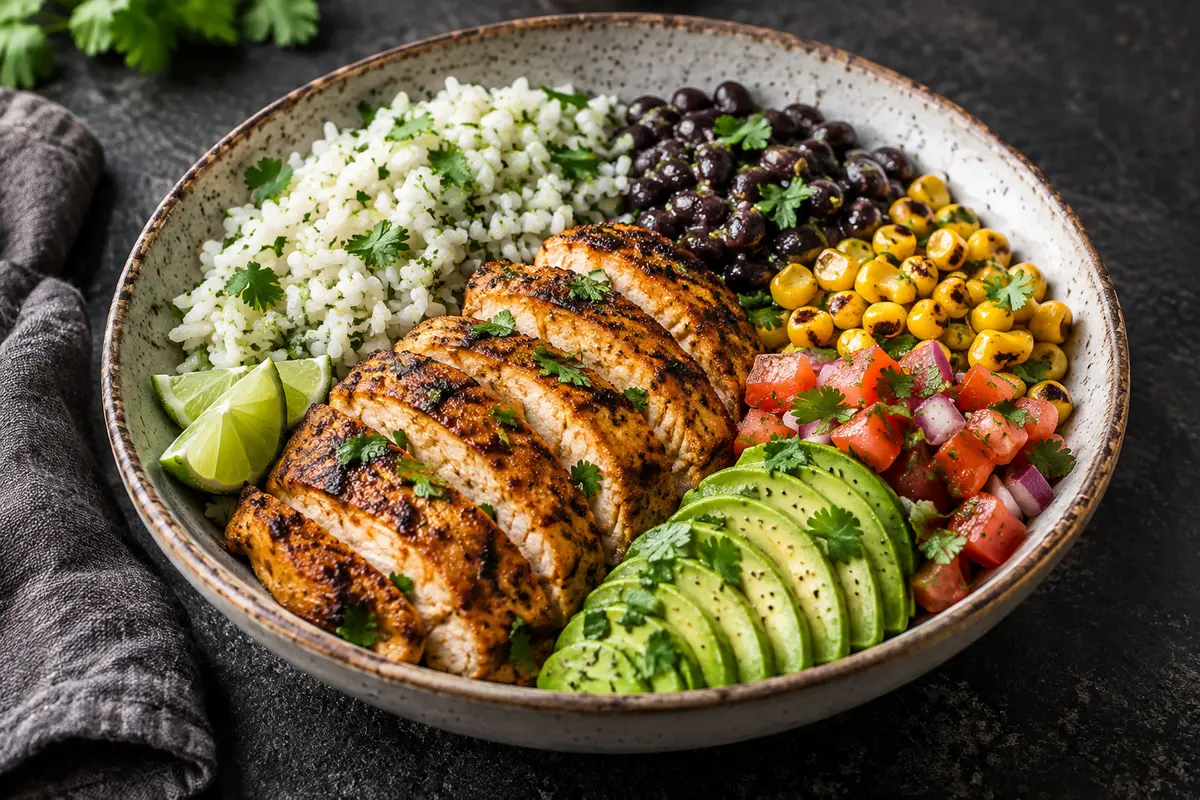 Pollo adobado con arroz al cilantro, frijoles negros, elote, pico de gallo y aguacate