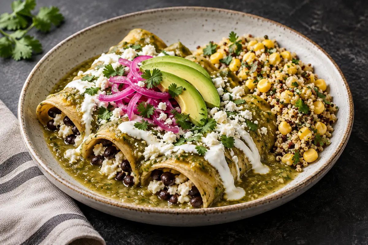 Enchiladas verdes rellenas de frijol y queso panela con aguacate y ensalada de quinoa y elote