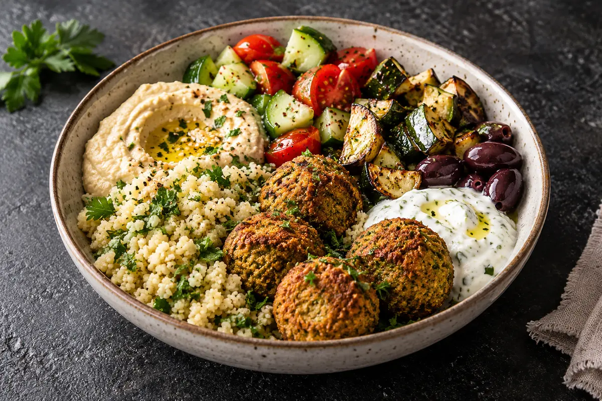 Bowl mediterráneo con falafel, cuscús, hummus, pepino, jitomate, calabacita y aceitunas