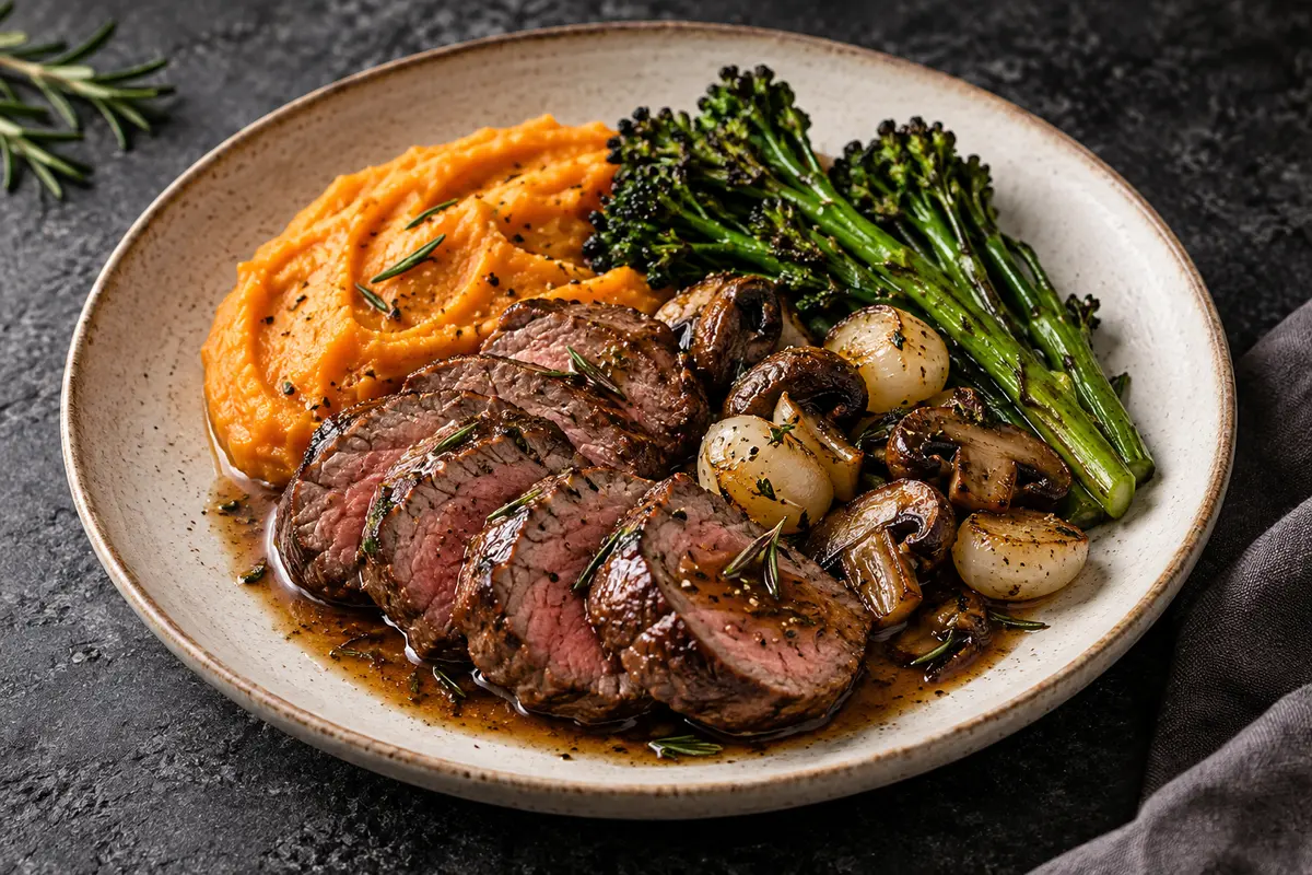 Medallones de res al romero con puré de camote, broccolini, champiñones y cebollas perla