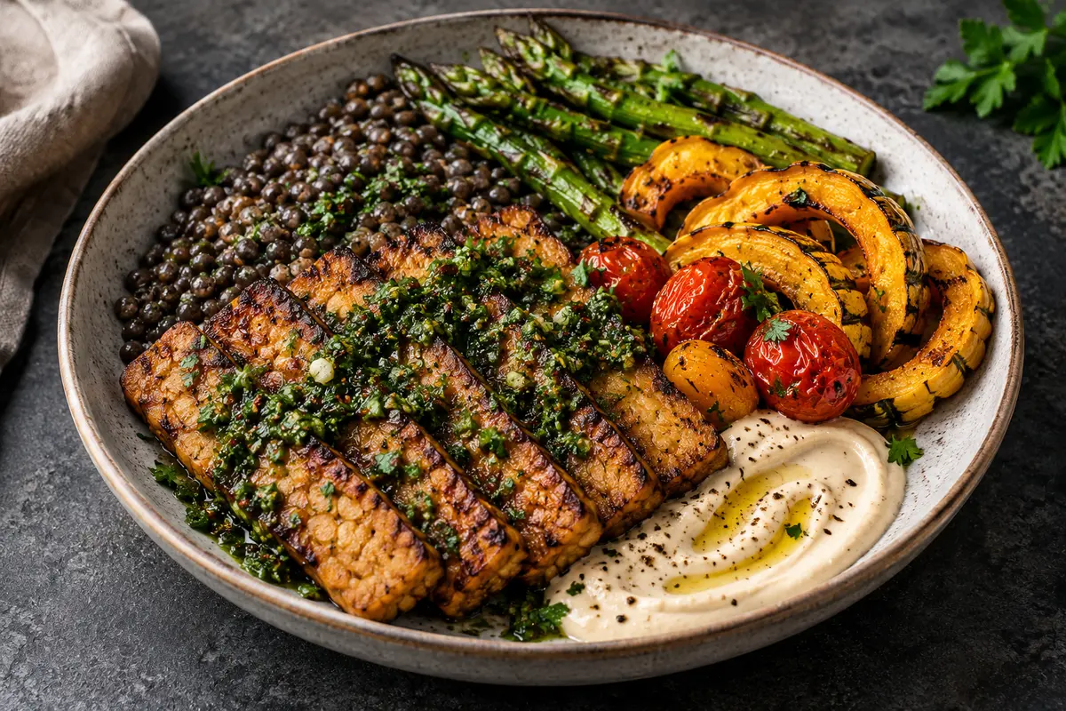 Tempeh al chimichurri con lentejas beluga, espárragos, calabaza rostizada, jitomates y tahini