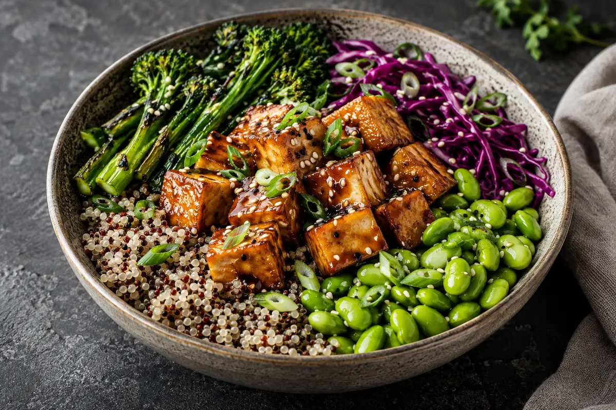Tofu teriyaki con edamame, quinoa tricolor, broccolini, col morada y ajonjolí